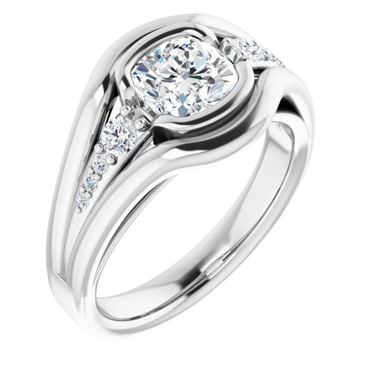 10K White Gold Customizable 9-stone Cushion Cut Design with Bezel Center, Wide Band and Round Prong Side Stones