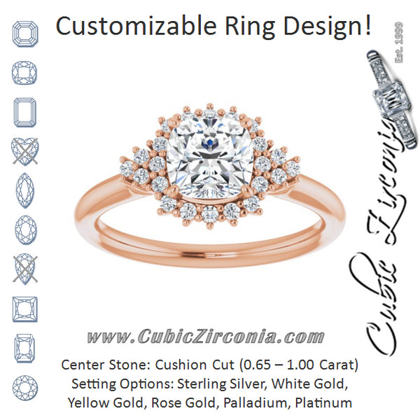 Cubic Zirconia Engagement Ring- The Winter (Customizable Cushion Cut Cathedral-Halo Design with Tri-Cluster Round Accents)