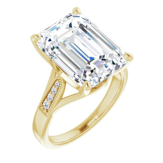 10K Yellow Gold Customizable 9-stone Vintage Design with Emerald/Radiant Cut Center and Round Band Accents