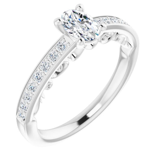 10K White Gold Customizable Oval Cut Design featuring 3-Sided Infinity Trellis and Round-Channel Accented Band