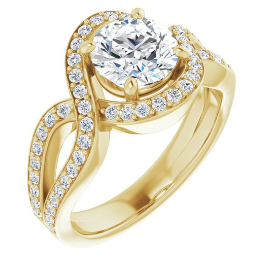 10K Yellow Gold Customizable Round Cut Center with Infinity-inspired Split Shared Prong Band and Bypass Halo