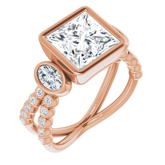 10K Rose Gold Customizable Bezel-set Princess/Square Cut Design with Dual Bezel-Oval Accents and Round-Bezel Accented Split Band