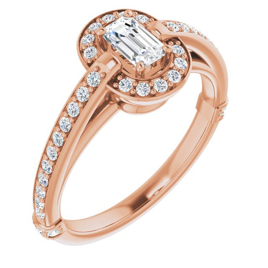 10K Rose Gold Customizable High-Cathedral Emerald/Radiant Cut Design with Halo and Shared Prong Band