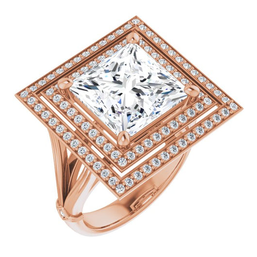 10K Rose Gold Customizable Cathedral-set Princess/Square Cut Design with Double Halo, Wide Split Band and Side Knuckle Accents