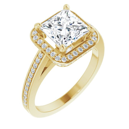 10K Yellow Gold Customizable Cathedral-set Princess/Square Cut Design with Halo, Thin Pavé Band & Round-Bezel Peekaboos