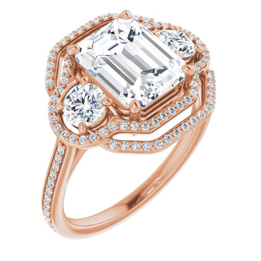 10K Rose Gold Customizable Enhanced 3-stone Double-Halo Style with Emerald/Radiant Cut Center and Thin Band