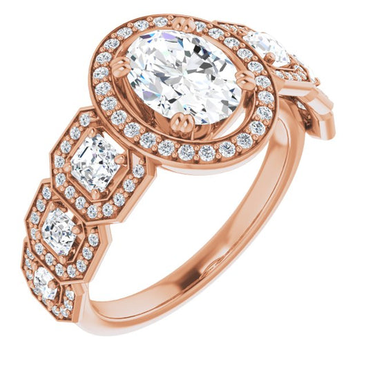 14K Rose Gold Customizable Cathedral-Halo Oval Cut Design with Six Halo-surrounded Asscher Cut Accents and Ultra-wide Band