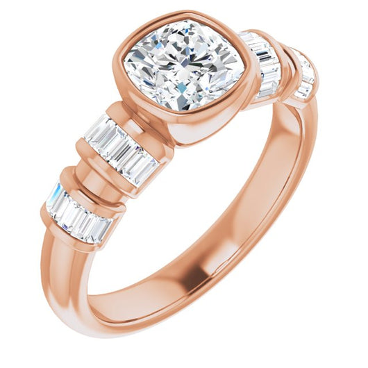 10K Rose Gold Customizable Bezel-set Cushion Cut Design with Quad Horizontal Band Sleeves of Baguette Accents