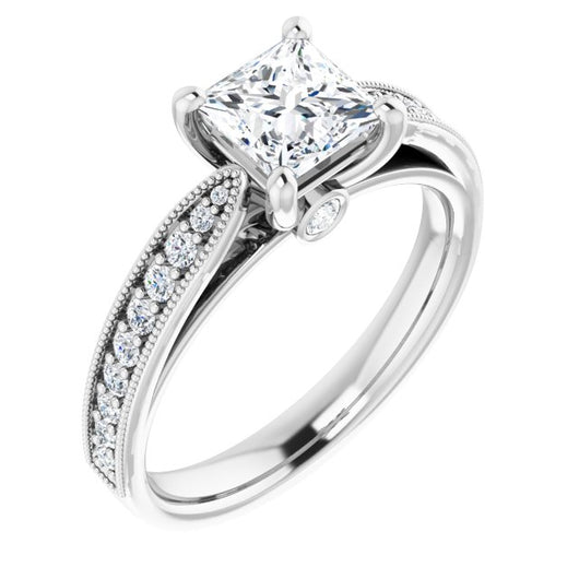 10K White Gold Customizable Princess/Square Cut Style featuring Milgrained Shared Prong Band & Dual Peekaboos