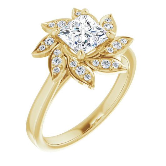 10K Yellow Gold Customizable Princess/Square Cut Design with Artisan Floral Halo