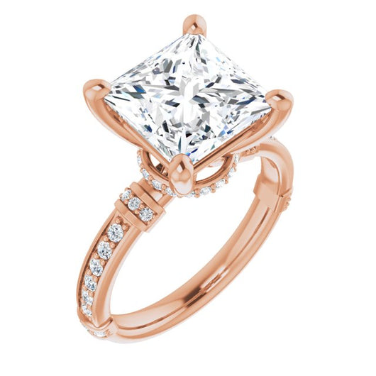 10K Rose Gold Customizable Princess/Square Cut Style featuring Under-Halo, Shared Prong and Quad Horizontal Band Accents