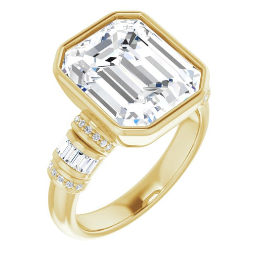 10K Yellow Gold Customizable Bezel-set Emerald/Radiant Cut Setting with Wide Sleeve-Accented Band