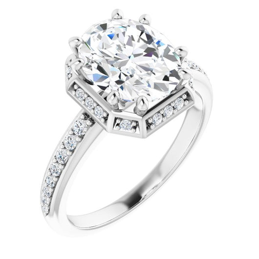 10K White Gold Customizable Oval Cut Design with Geometric Under-Halo and Shared Prong Band