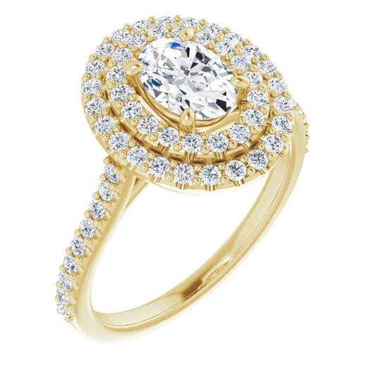 10K Yellow Gold Customizable Double-Halo Oval Cut Design with Accented Split Band