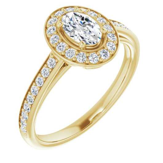 10K Yellow Gold Customizable Cathedral-raised Oval Cut Halo-and-Accented Band Design