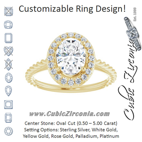 Cubic Zirconia Engagement Ring- The Shiori (Customizable Cathedral-set Oval Cut Design with Halo and Twisty Rope Band)