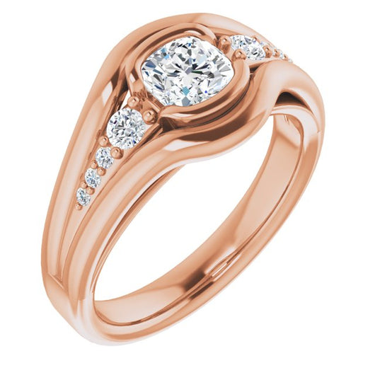 10K Rose Gold Customizable 9-stone Cushion Cut Design with Bezel Center, Wide Band and Round Prong Side Stones