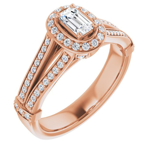 10K Rose Gold Customizable Emerald/Radiant Cut Setting with Halo, Under-Halo Trellis Accents and Accented Split Band