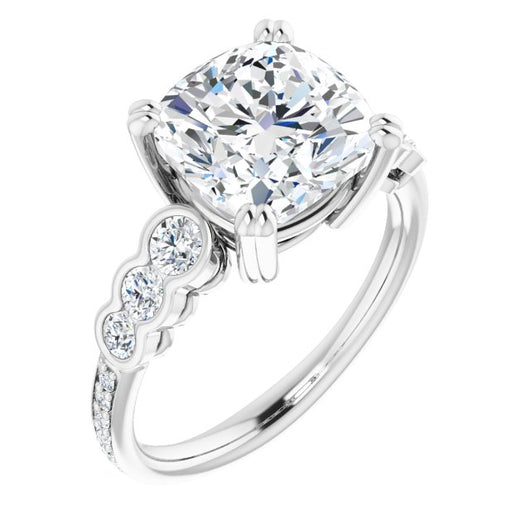 10K White Gold Customizable Cushion Cut 7-stone Style Enhanced with Bezel Accents and Shared Prong Band