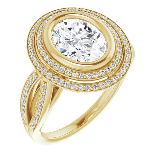 10K Yellow Gold Customizable Bezel-set Oval Cut Style with Double Halo and Split Shared Prong Band