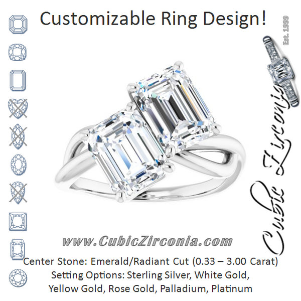 Cubic Zirconia Engagement Ring- The Chyna (Customizable 2-stone Emerald Cut Artisan Style with Wide, Infinity-inspired Split Band)