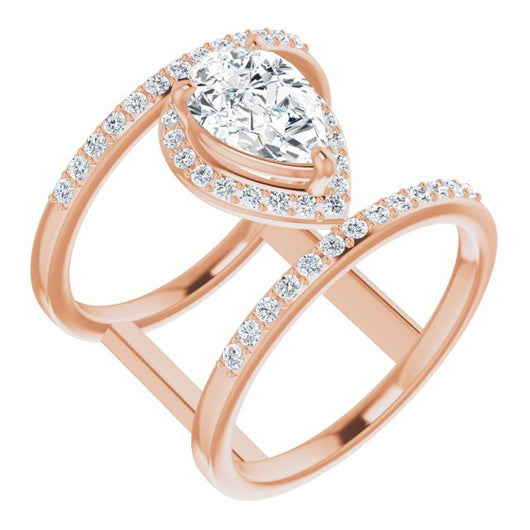 10K Rose Gold Customizable Pear Cut Halo Design with Open, Ultrawide Harness Double Pavé Band