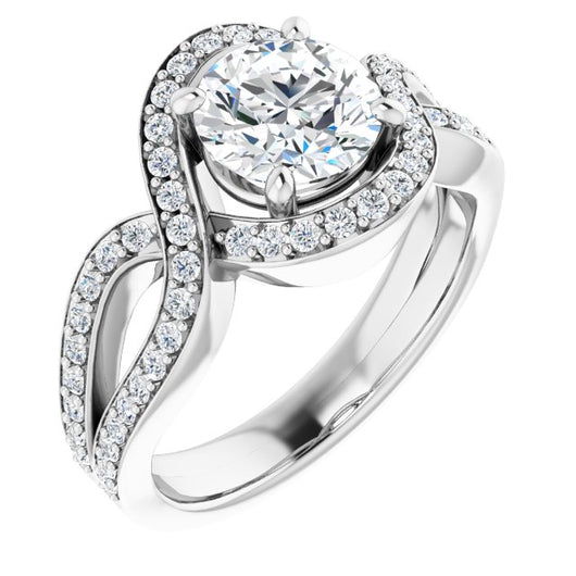 10K White Gold Customizable Round Cut Center with Infinity-inspired Split Shared Prong Band and Bypass Halo