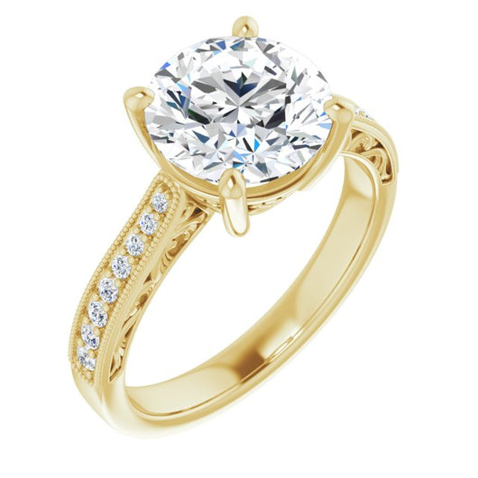 18K Yellow Gold Customizable Round Cut Design with Round Band Accents and Three-sided Filigree Engraving