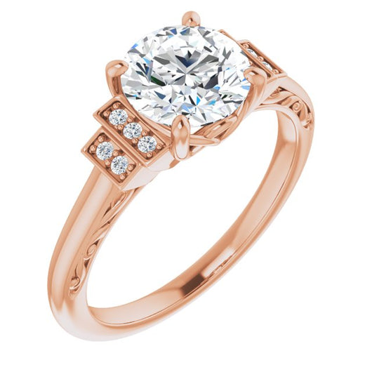 10K Rose Gold Customizable Engraved Design with Round Cut Center and Perpendicular Band Accents