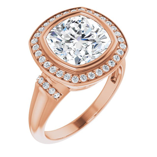 10K Rose Gold Customizable Bezel-set Cushion Cut Design with Halo and Vertical Round Channel Accents