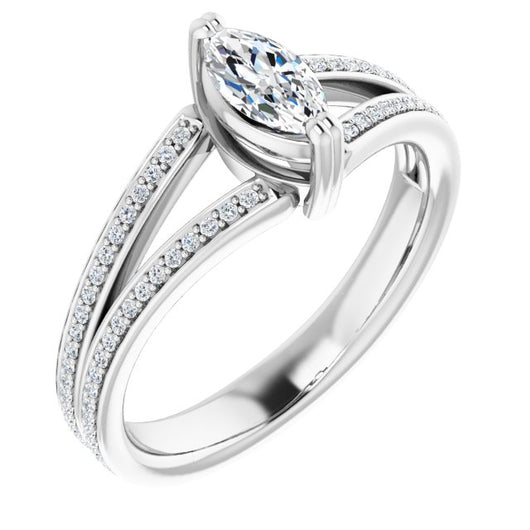 10K White Gold Customizable Marquise Cut Center with 100-stone* "Waterfall" Pavé Split Band