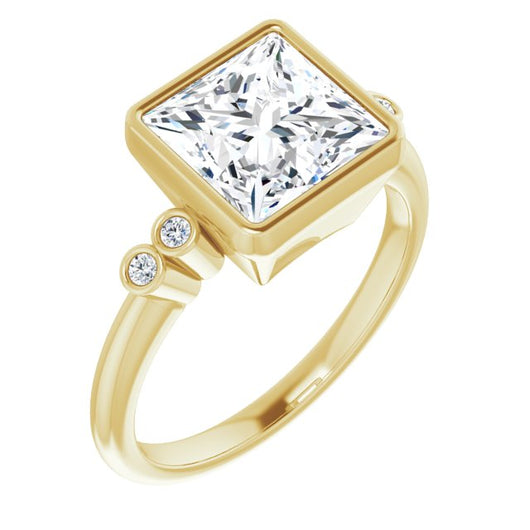 10K Yellow Gold Customizable 5-stone Bezel-set Princess/Square Cut Design with Quad Round-Bezel Side Stones