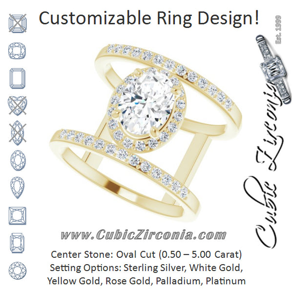 Cubic Zirconia Engagement Ring- The Jersey (Customizable Oval Cut Halo Design with Open, Ultrawide Harness Double Pavé Band)