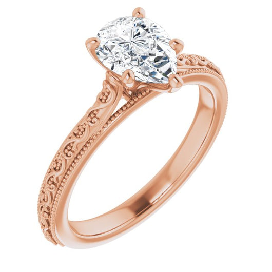 10K Rose Gold Customizable Pear Cut Solitaire with Delicate Milgrain Filigree Band