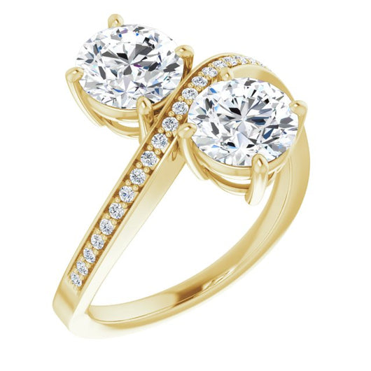 10K Yellow Gold Customizable 2-stone Round Cut Bypass Design with Thin Twisting Shared Prong Band