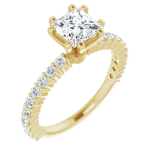 10K Yellow Gold Customizable 8-prong Princess/Square Cut Design with Thin, Stackable Pav? Band