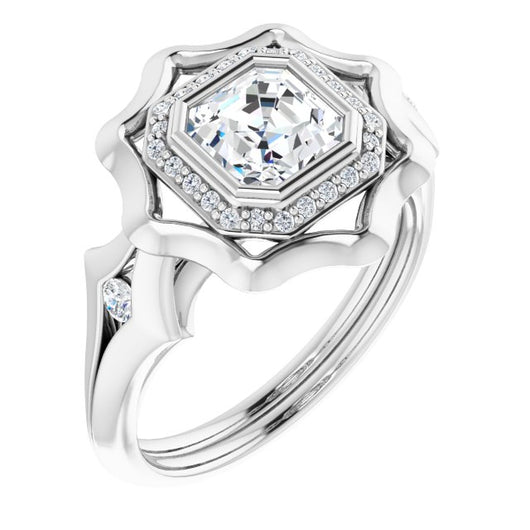 10K White Gold Customizable Bezel-set Asscher Cut with Halo & Oversized Floral Design