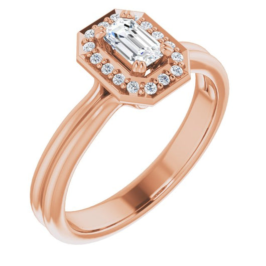 10K Rose Gold Customizable Emerald/Radiant Cut Style with Scooped Halo and Grooved Band