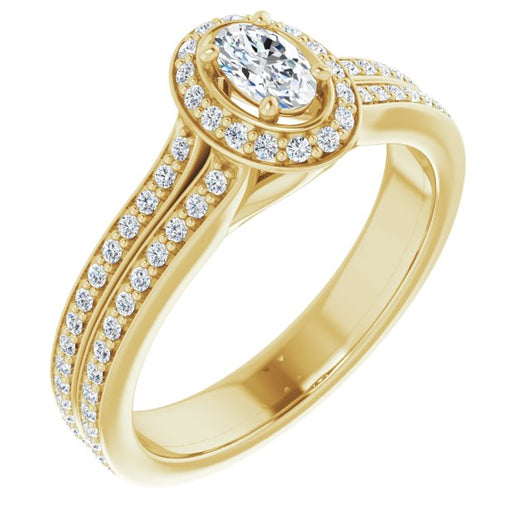 10K Yellow Gold Customizable Cathedral-raised Oval Cut Setting with Halo and Shared Prong Band