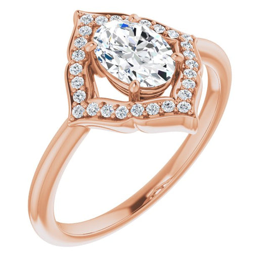 10K Rose Gold Customizable Oval Cut Style with Artistic Equilateral Halo and Ultra-thin Band