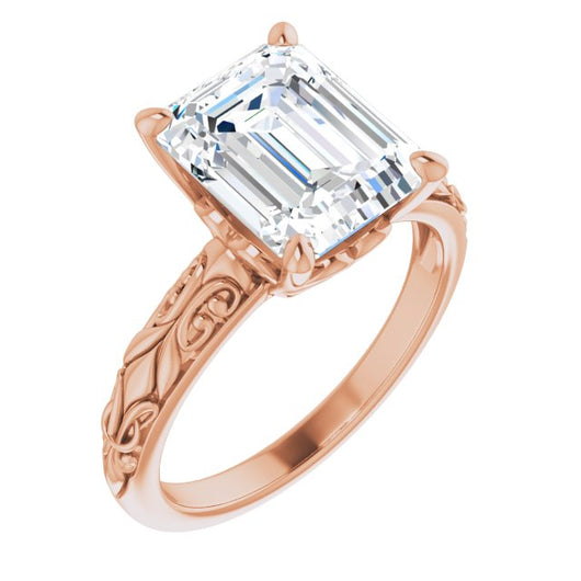 10K Rose Gold Customizable Emerald/Radiant Cut Solitaire featuring Delicate Metal Scrollwork