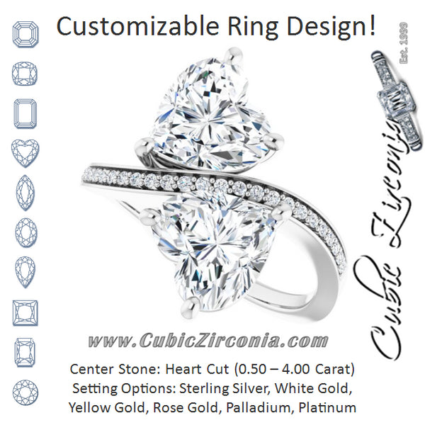 Cubic Zirconia Engagement Ring- The Ellie (Customizable 2-stone Heart Cut Bypass Design with Thin Twisting Shared Prong Band)