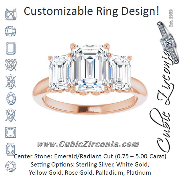 Cubic Zirconia Engagement Ring- The Taryn (Customizable Triple Emerald Cut Design with Decorative Trellis)