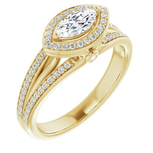 10K Yellow Gold Customizable High-set Marquise Cut Design with Halo, Wide Tri-Split Shared Prong Band and Round Bezel Peekaboo Accents