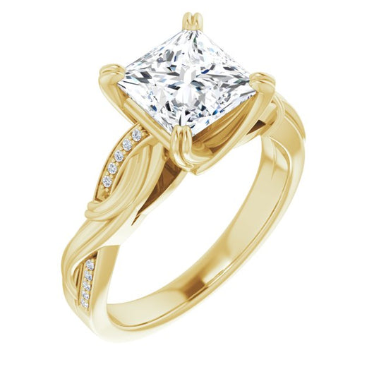 10K Yellow Gold Customizable Cathedral-raised Princess/Square Cut Design featuring Rope-Braided Half-Pavé Band