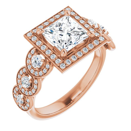 10K Rose Gold Customizable Cathedral-set Princess/Square Cut 7-stone style Enhanced with 7 Halos