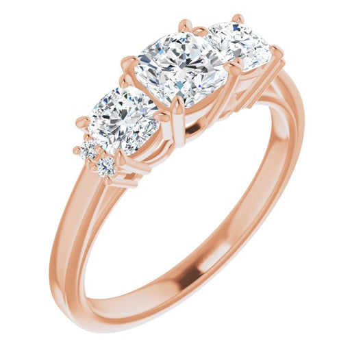 10K Rose Gold Customizable Triple Cushion Cut Design with Quad Vertical-Oriented Round Accents