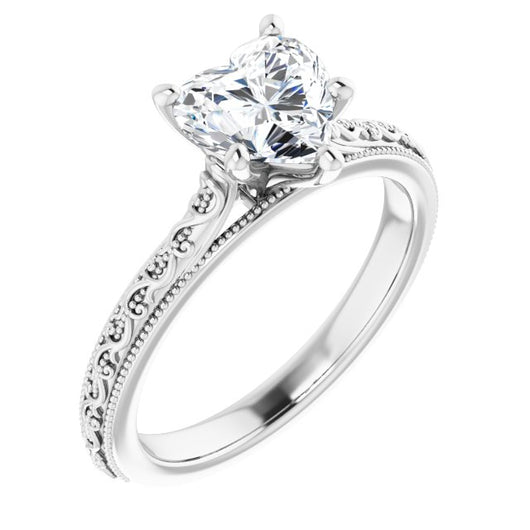 10K White Gold Customizable Heart Cut Solitaire with Delicate Milgrain Filigree Band