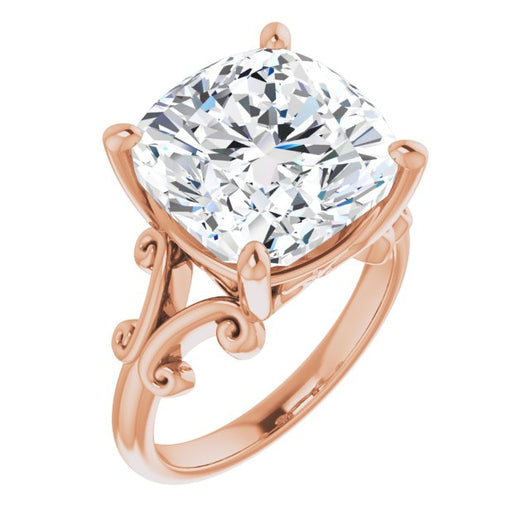 10K Rose Gold Customizable Cushion Cut Solitaire with Band Flourish and Decorative Trellis