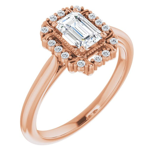 10K Rose Gold Customizable Emerald/Radiant Cut Design with Majestic Crown Halo and Raised Illusion Setting